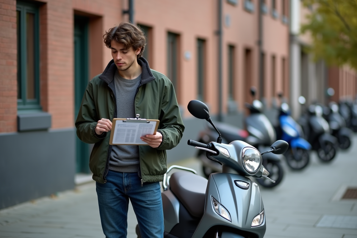 Jeune homme avec scooter en ville pour l'article