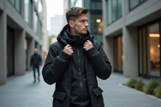 Jeune homme en techwear ajustant sa veste en ville