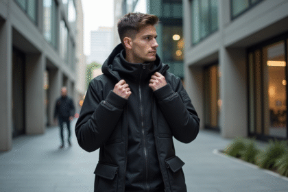 Jeune homme en techwear ajustant sa veste en ville