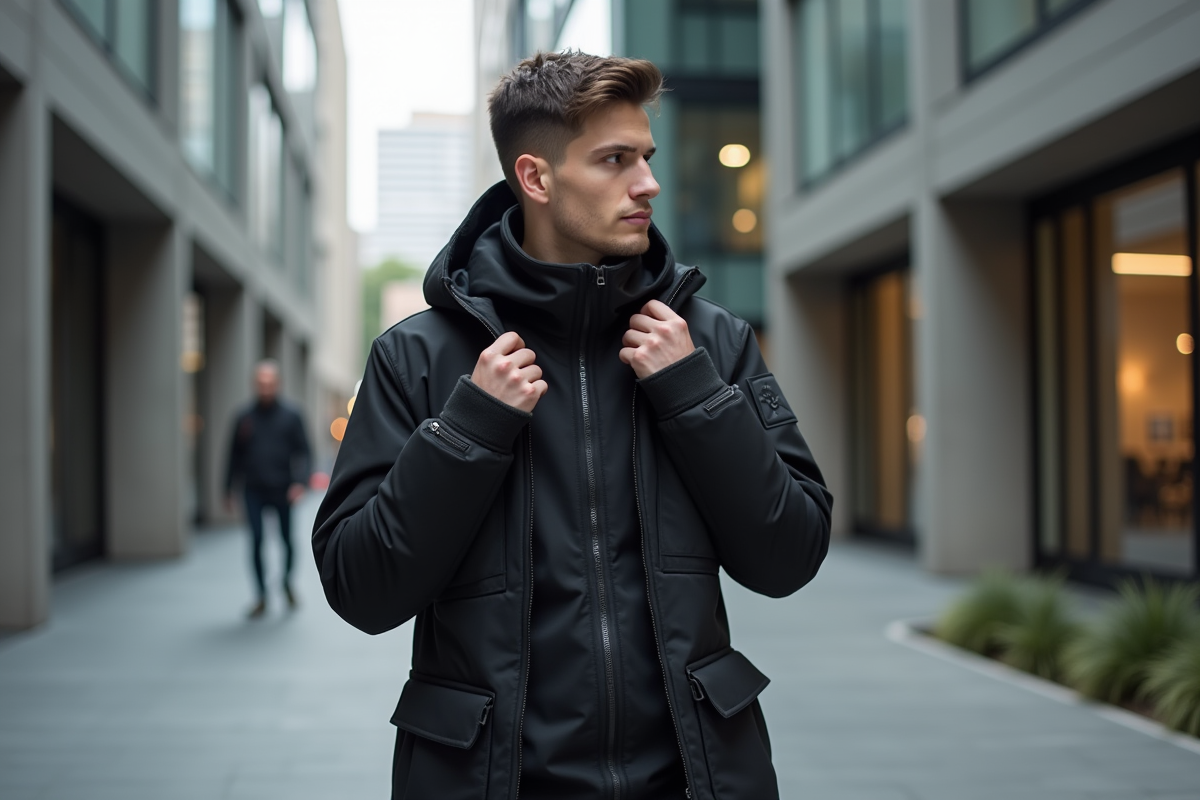 Jeune homme en techwear ajustant sa veste en ville