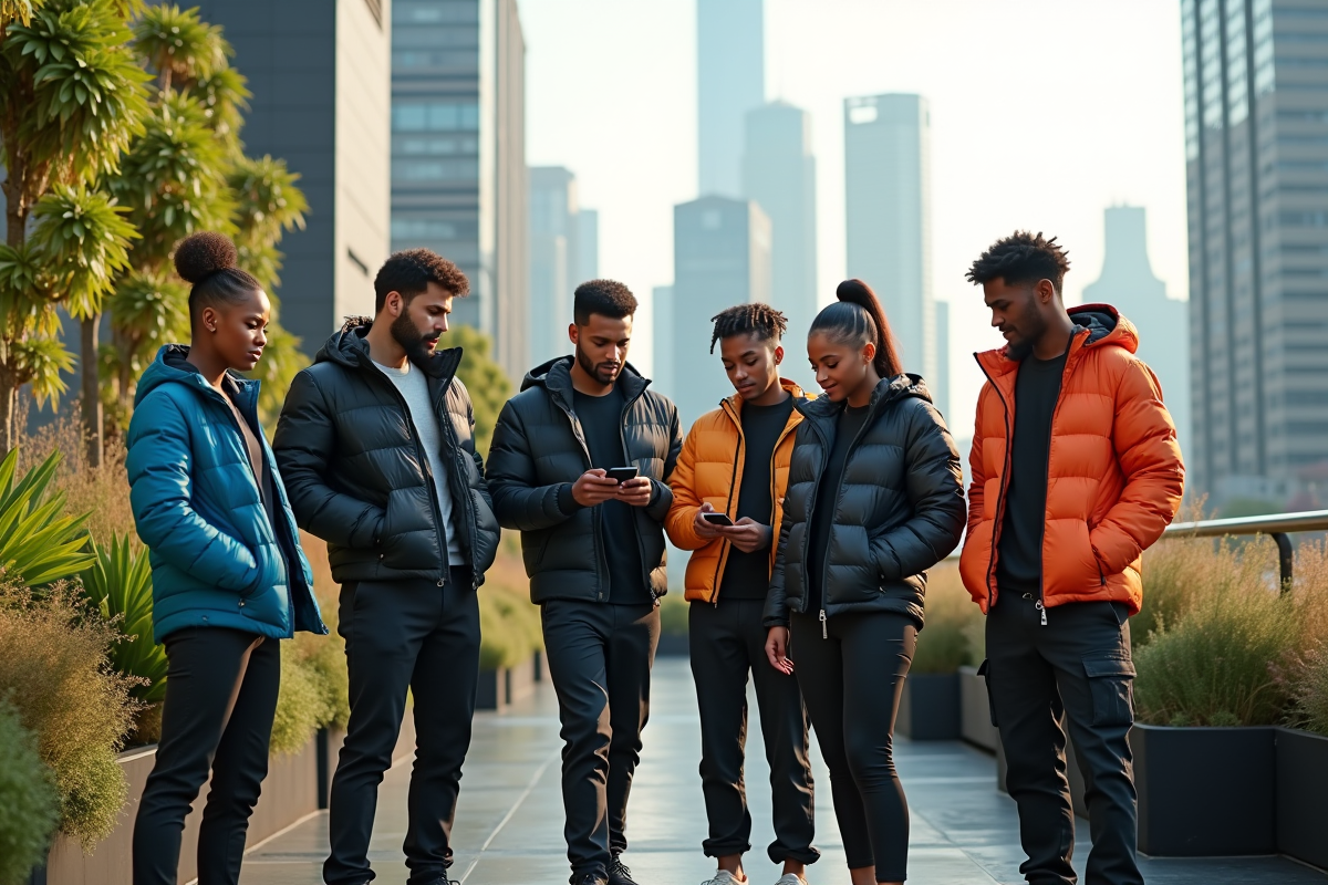 Groupe de jeunes adultes en streetwear futuriste sur un toit urbain