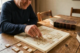 Joueur de Scrabble plaçant une tuile sur un plateau de jeu avec un dictionnaire ODS ouvert à côté