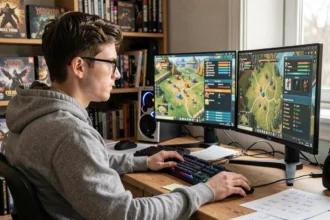 Joueur concentré devant un double écran affichant des interfaces de jeu RPG fantasy avec ressources et carte, bureau de gamer encombré de notes de stratégie