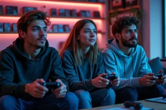 Groupe de joueurs passionnés regardant la conférence Summer Game Fest 2026 avec anticipation dans une salle de jeux moderne