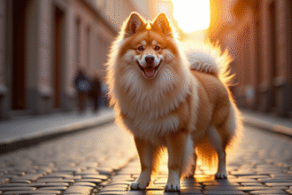 Keeshond majestueux sur une rue pavée au lever du soleil