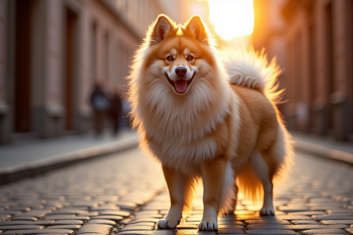 Keeshond majestueux sur une rue pavée au lever du soleil