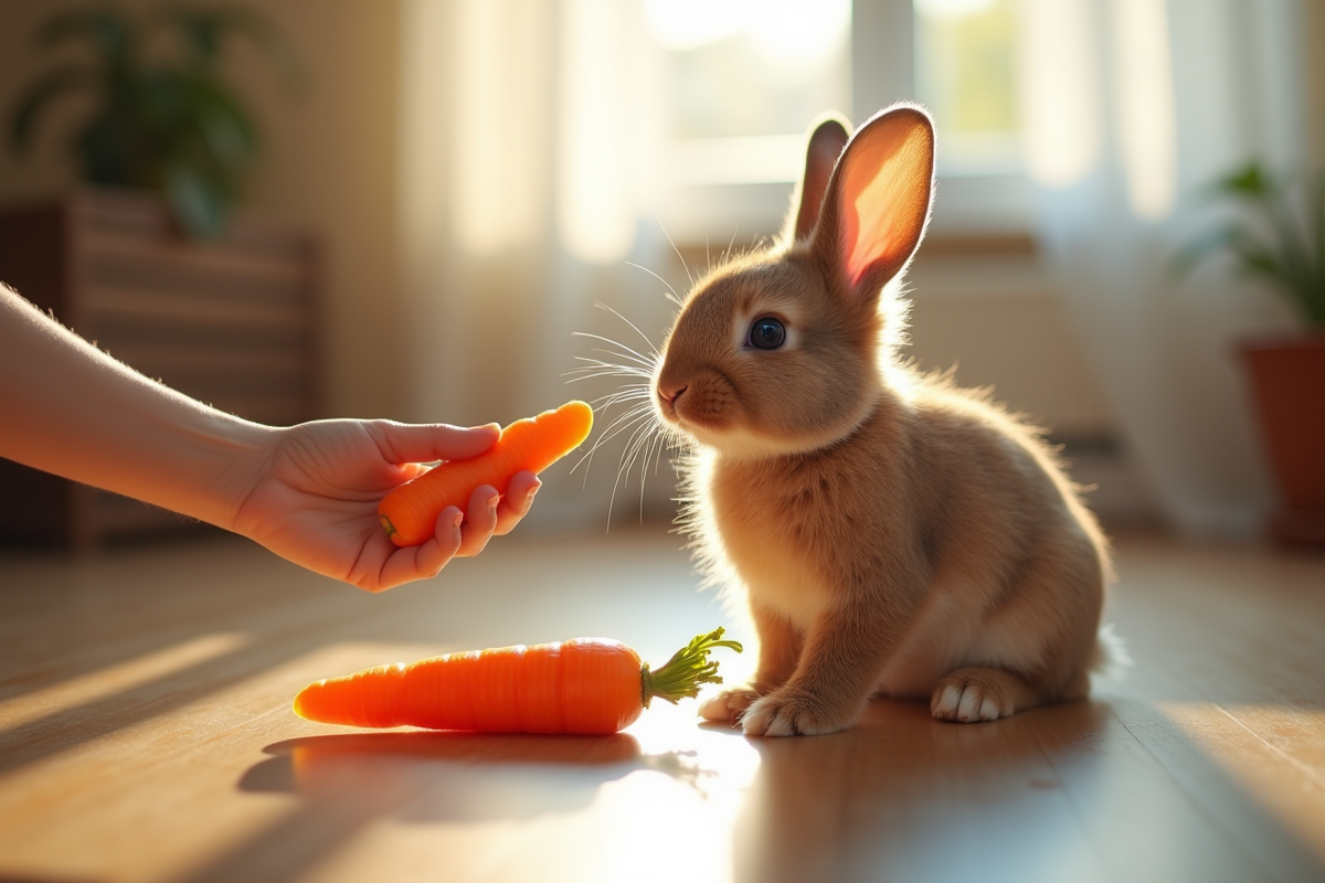 Lapin dwarf lop avec un enfant partageant une carotte dans la maison