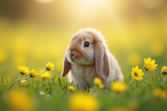 Lapin dwarf lop dans un champ ensoleille avec fleurs sauvages