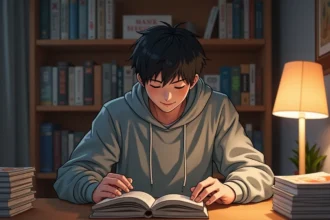 Jeune homme lisant un manga One Punch Man à son bureau entouré de volumes de mangas en VF