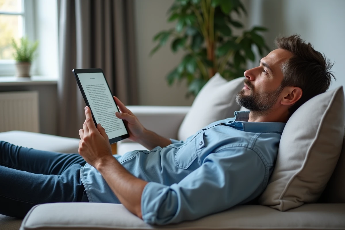 Homme lisant un scan sur tablette allongé sur un canapé dans un salon minimaliste moderne