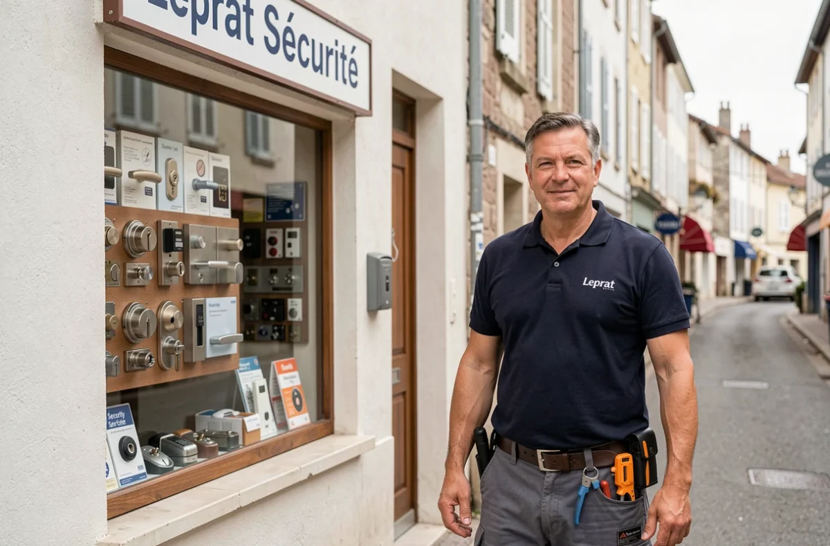 Devanture de la boutique Leprat Sécurité avec un serrurier professionnel devant l'entrée