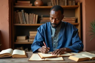 Linguiste africain étudiant l'étymologie et la traduction du mot Kayakobémé dans un bureau traditionnel