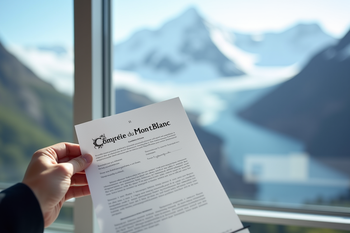 Main tenant un document officiel avec vue sur glacier Mont Blanc