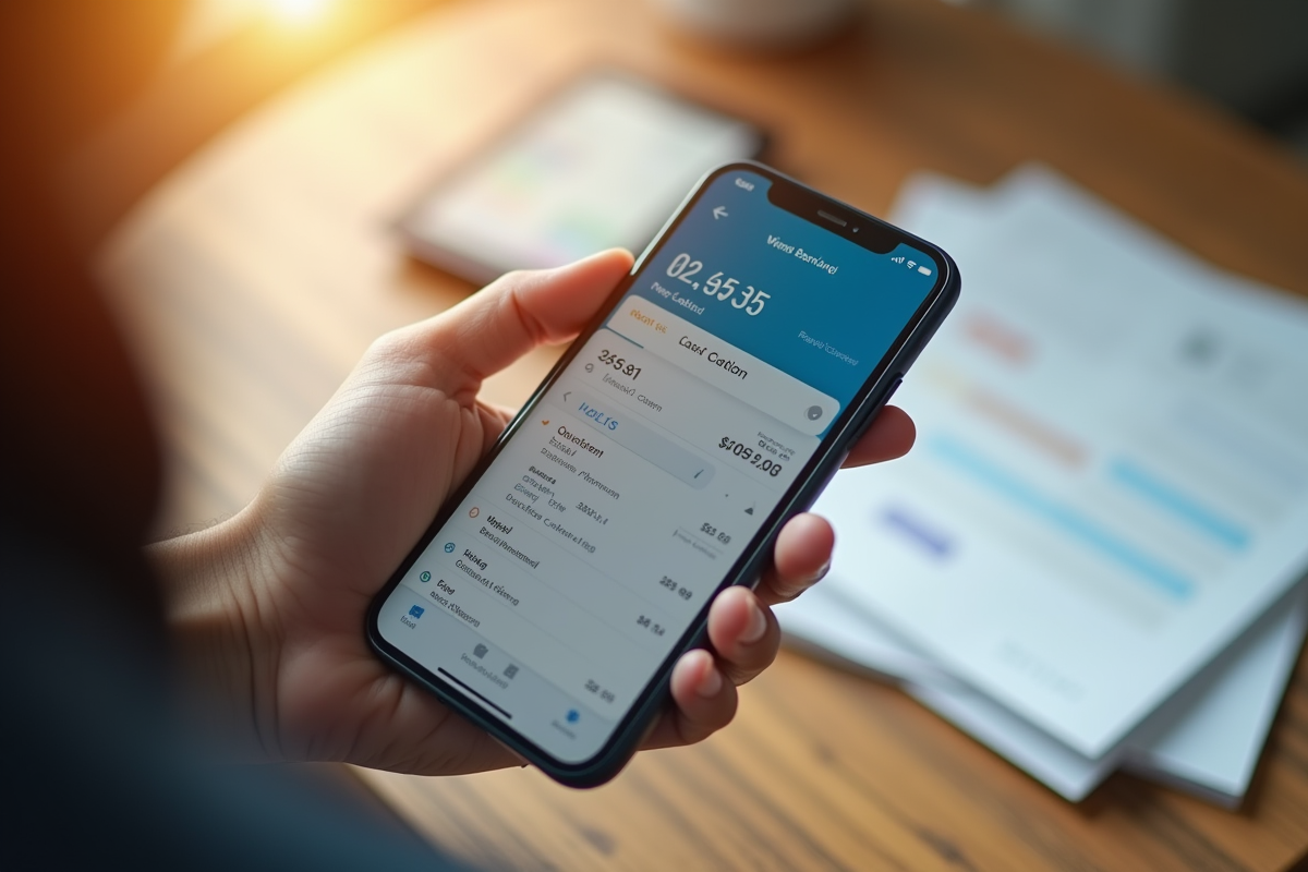 Gros plan sur une main avec smartphone affichant une transaction bancaire