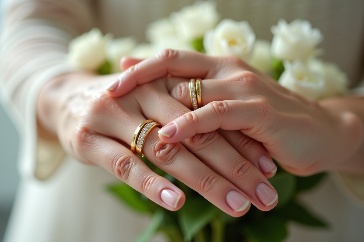 Mains de seniors avec alliances reposant sur des fleurs blanches