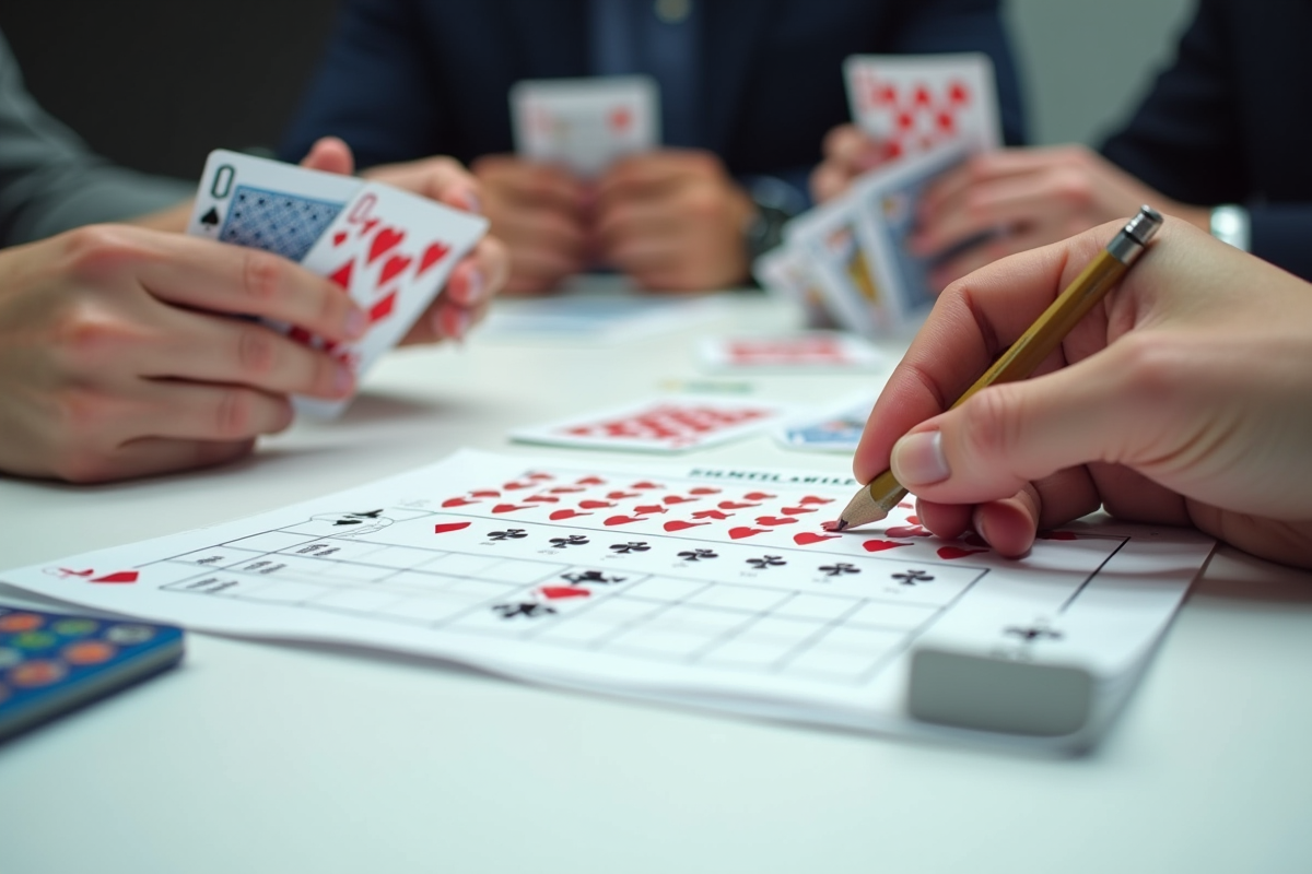 Mains tenant des cartes colorées de ramis avec fiche de score