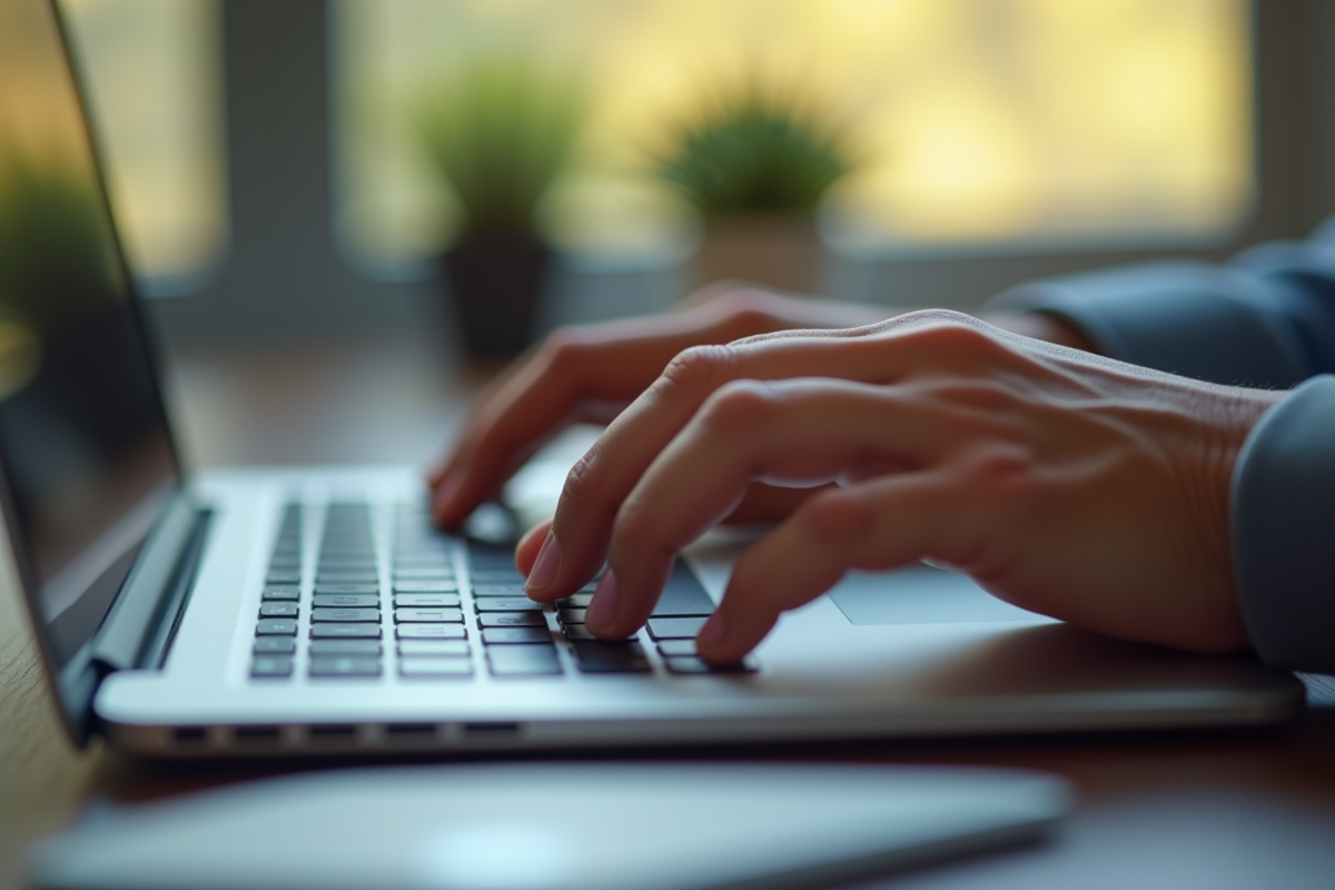Mains tapant le symbole ʽ sur un clavier Mac lumineux