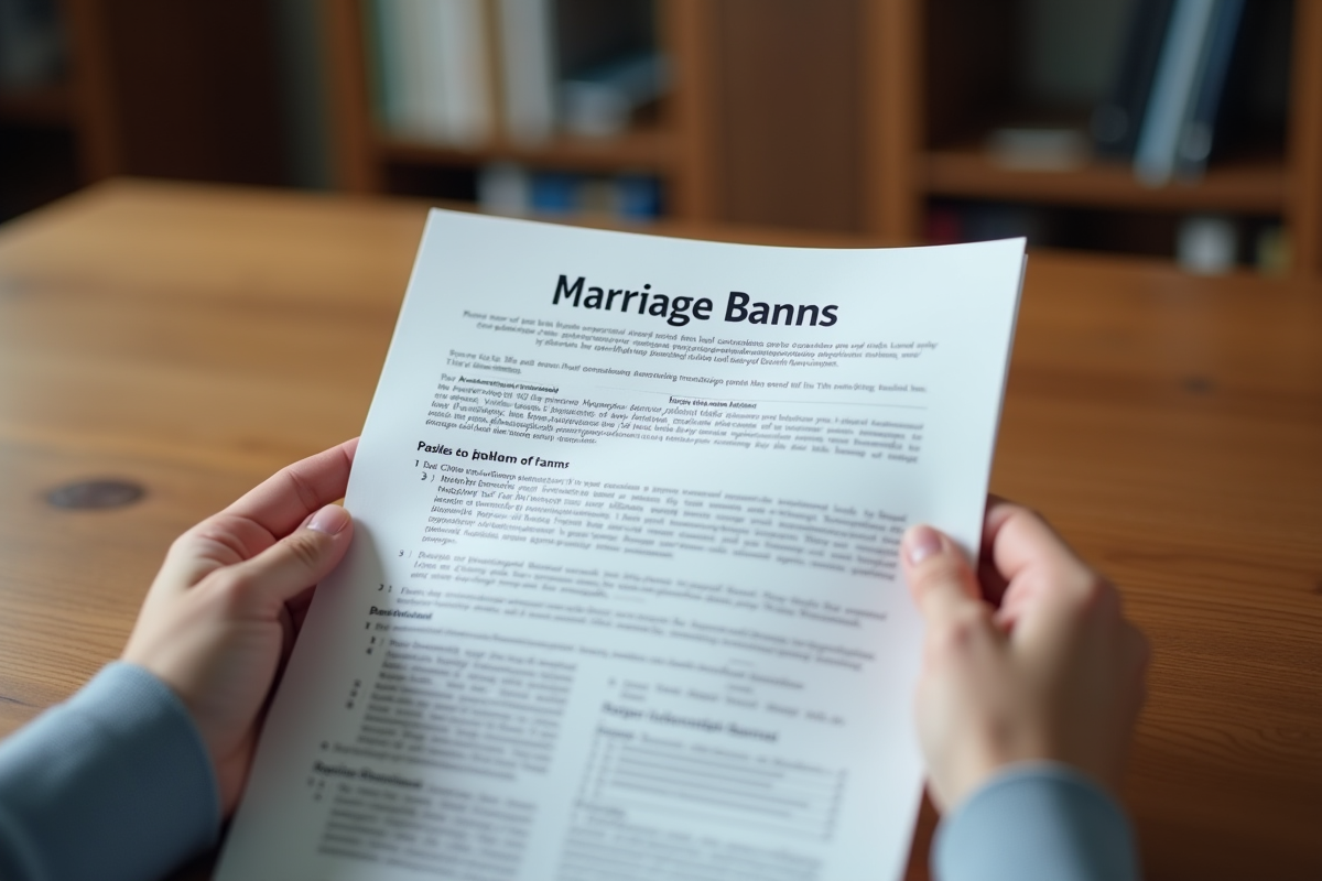 Mains tenant une annonce de mariage sur un bureau en bois