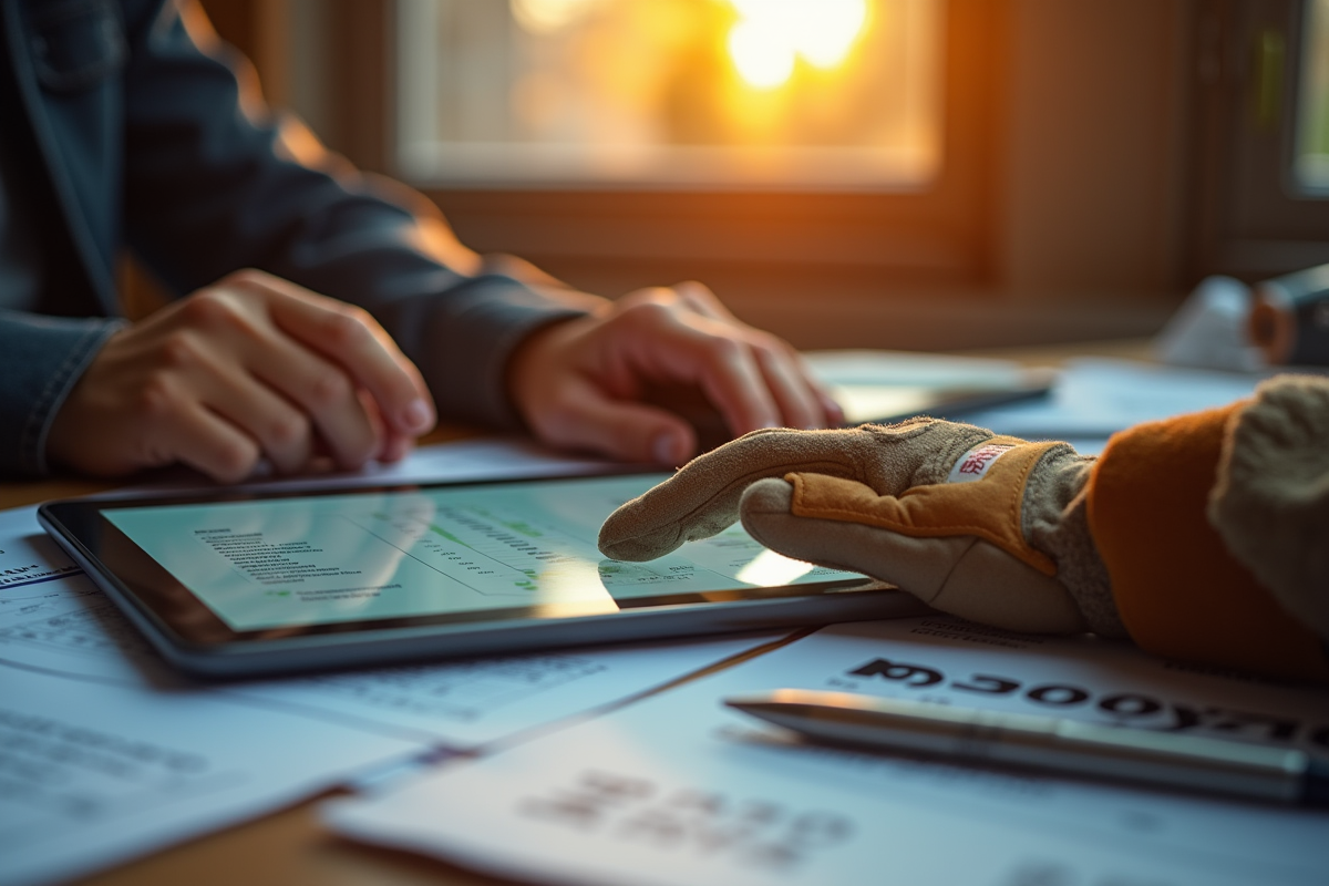 Mains d’un ouvrier utilisant une tablette pour gérer devis et factures