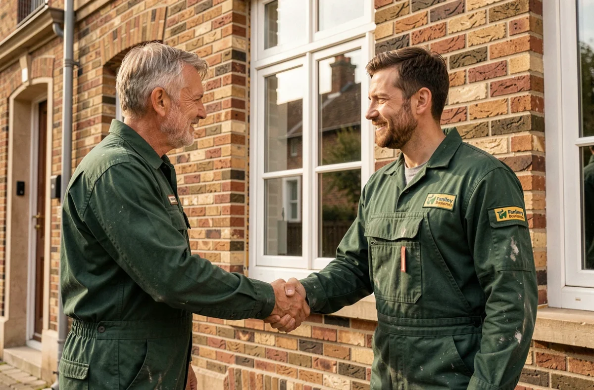 Père et fils vitriers devant une maison lorraine avec des châssis de fenêtres neufs installés, représentant Maison Neumann entreprise familiale depuis 1954