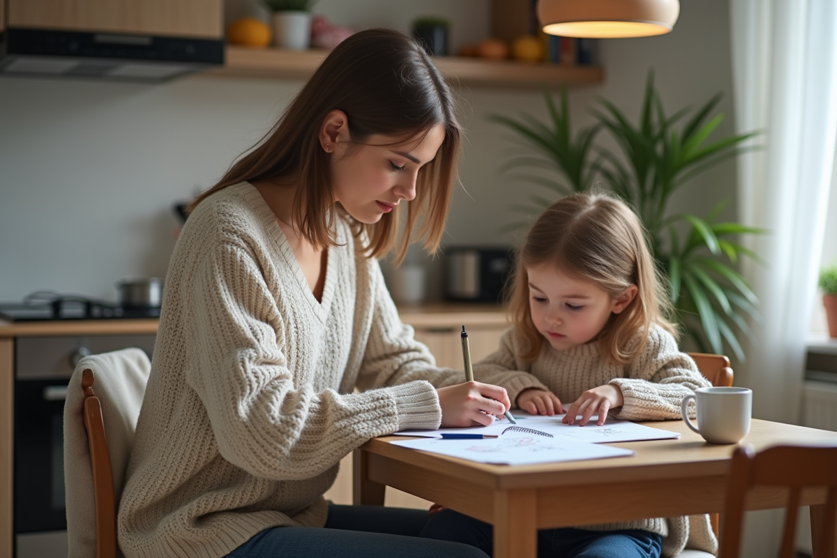 Maman aidant sa fille pour les devoirs à la maison