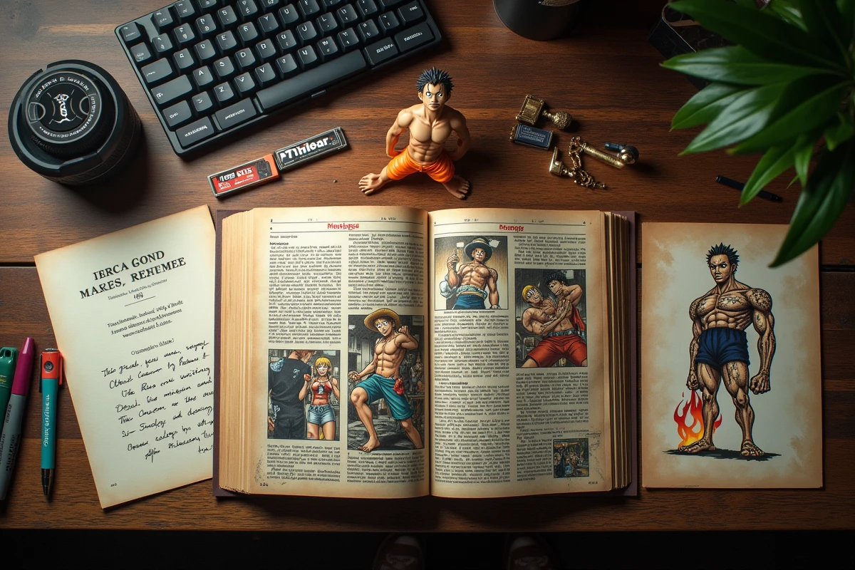 Collection de mangas et figurine de Portgas D'Ace posés sur un bureau en bois pour analyse du lore One Piece
