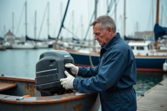 Mécanicien nautique inspectant le moteur hors-bord d'un bateau à moteur dans une marina