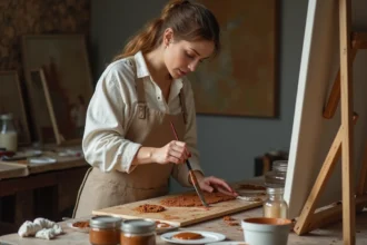 Artiste mélangeant des peintures à l'huile pour obtenir des teintes marron lumineuses sur une palette en bois dans un atelier
