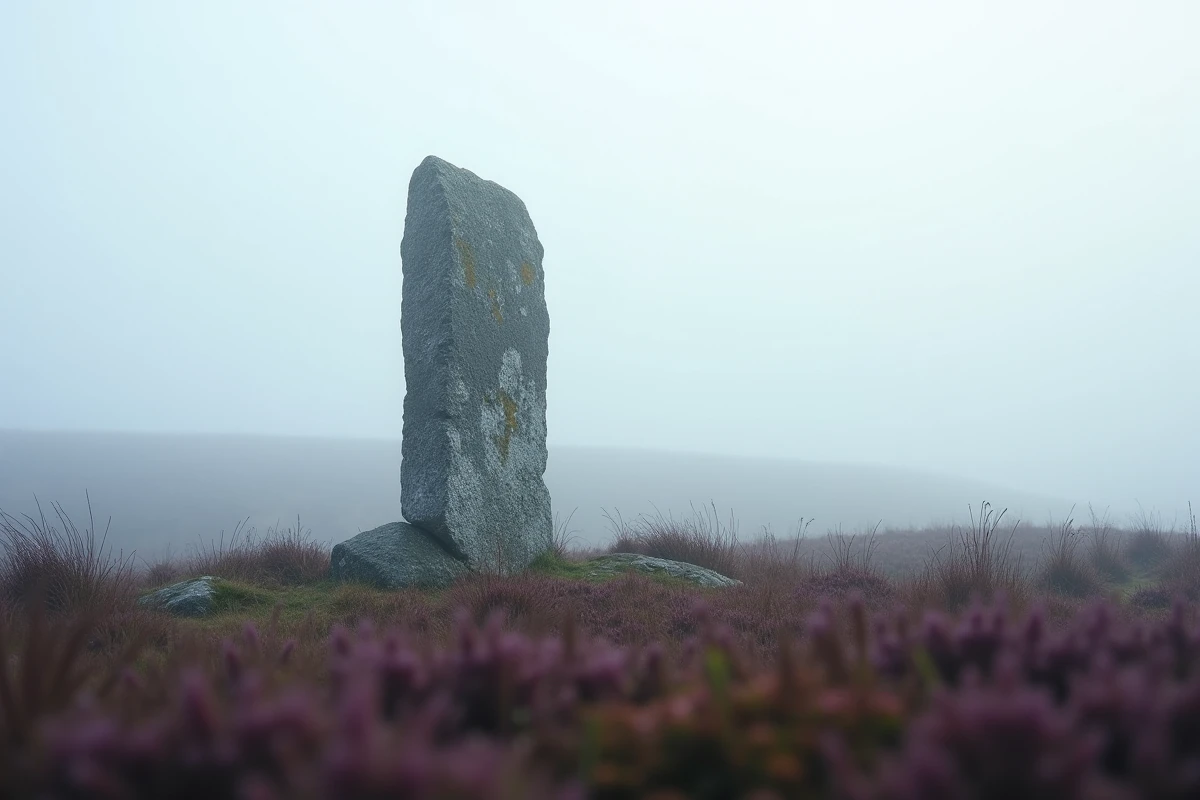 Menhir breton recouvert de lichen dans une lande brumeuse, symbole des lieux hantés par les Korrigans dans le folklore celtique breton