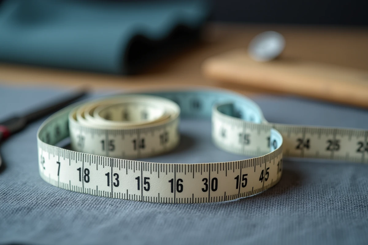 Gros plan d'un mètre ruban de couturier affichant les graduations en pouces et en centimètres sur un tissu gris texturé