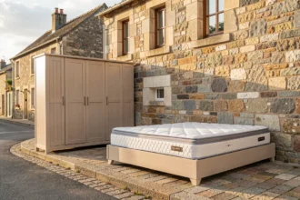 Meubles volumineux posés sur le trottoir devant une maison bretonne