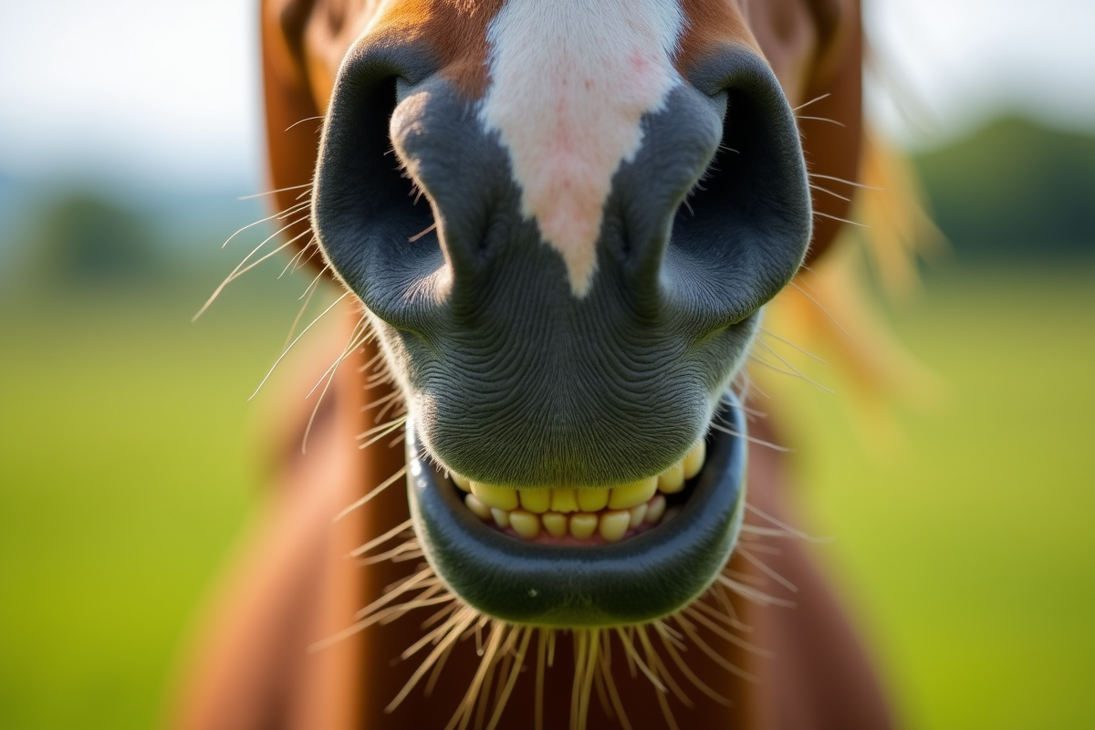 Gros plan sur la bouche du cheval mordant de l herbe verte