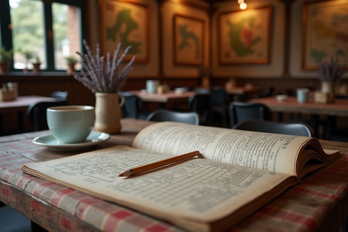 Mots croisés italiens ouverts sur une table de trattoria avec espresso et crayon, ambiance intellectuelle nostalgique