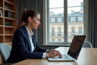 Notaire femme consultant le site du congrès UINL Paris sur un ordinateur portable dans un bureau parisien moderne