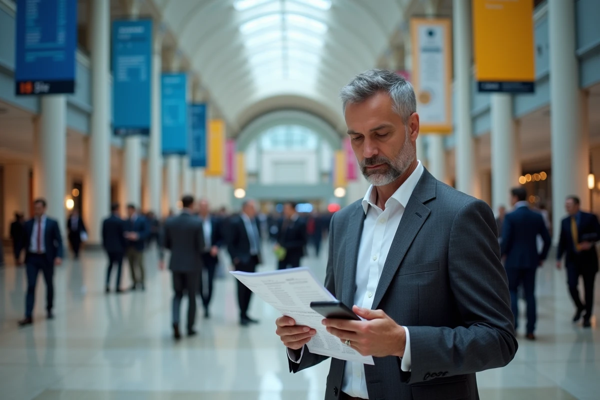 Notaire homme consultant le programme officiel lors d'un congrès notarial international à Paris