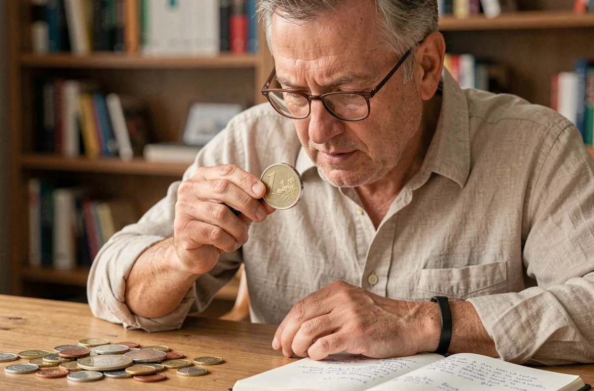 Homme passionné de numismatique examinant une pièce de 2 euros JO 2026 Tour Eiffel à la loupe à son bureau