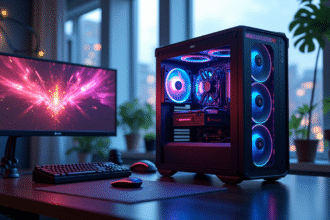 PC gaming moderne avec RGB lumineux sur un bureau lumineux