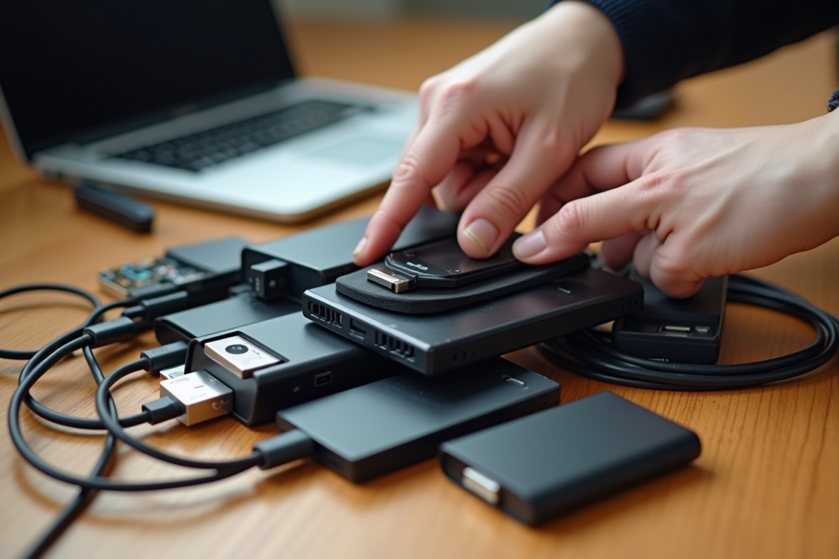 Main organisant câbles et disques durs sur un bureau lumineux