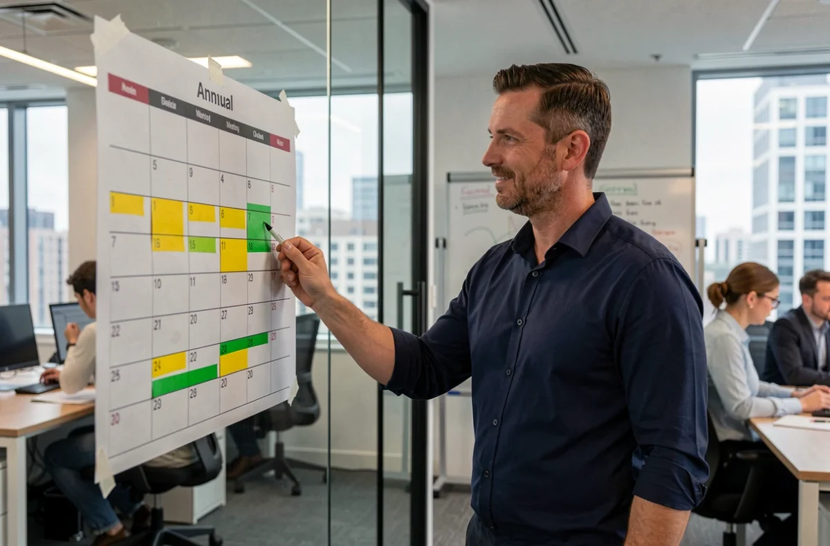 Homme en bureau montrant un calendrier annuel avec les semaines paires et impaires surlignées en couleur