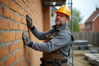 Ouvrier bâtiment posant de la laine mineral sur un mur en brique