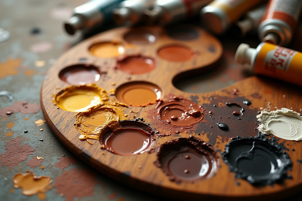 Palette de peintre avec des mélanges de couleurs marron à l'huile allant du brun chaud au brun profond