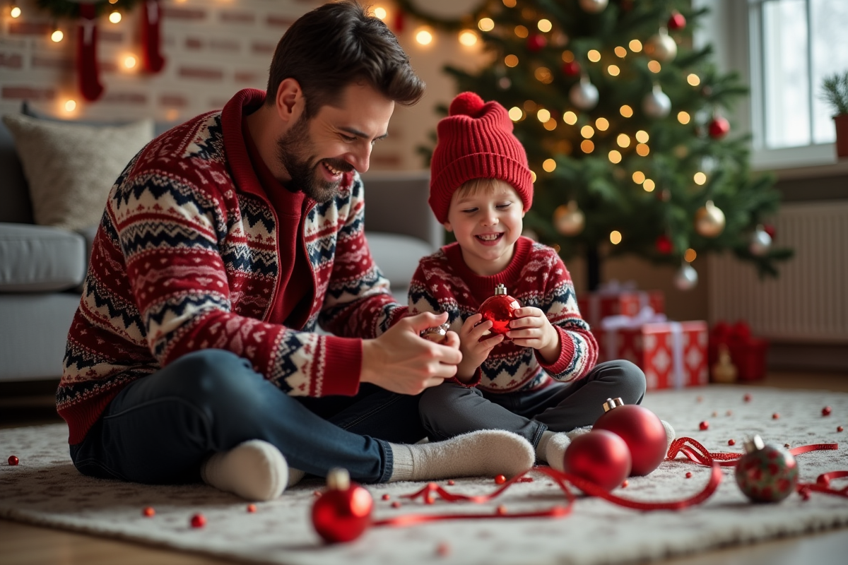 Père et fils assemblant des boules de Noël en famille