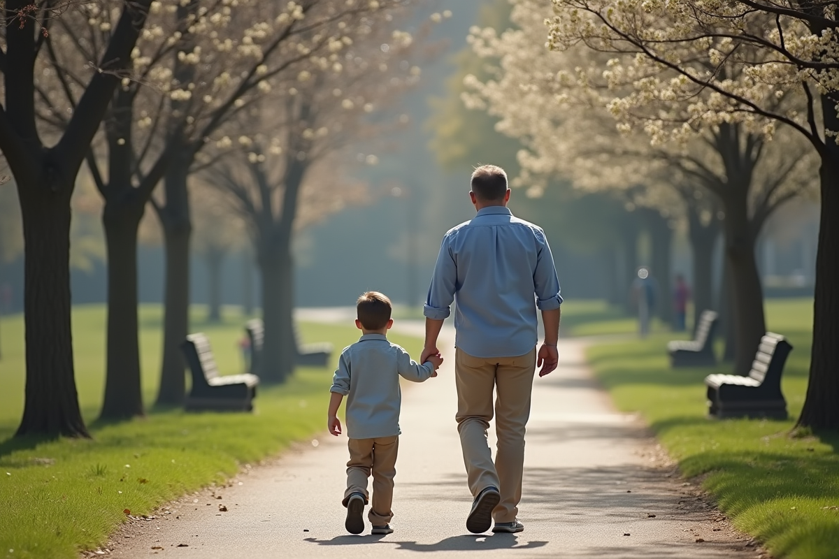 Père et fils se promenant dans un parc urbain au printemps