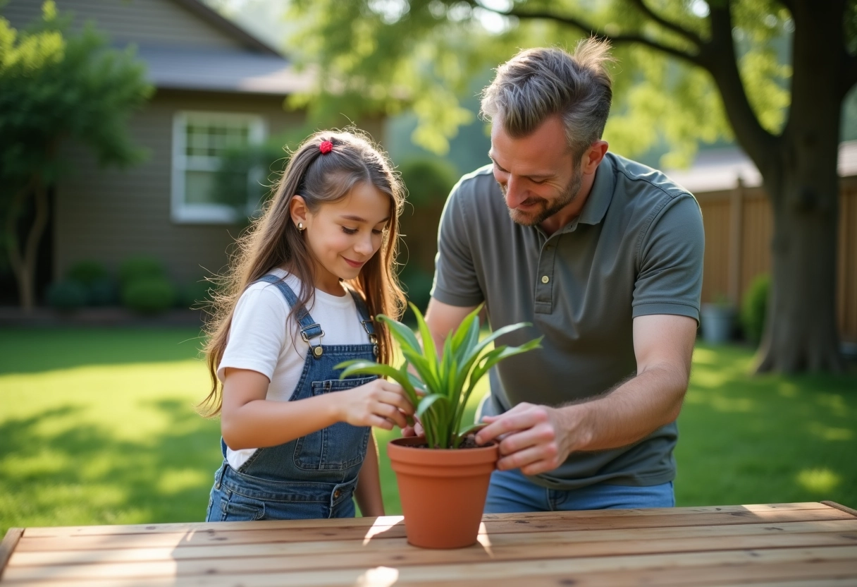Père et adolescente repotant une plante dans le jardin