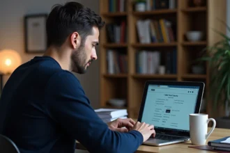 Homme consultant les paramètres de sécurité WiFi sur un ordinateur portable dans un bureau à domicile