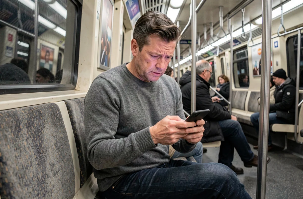Passager du métro parisien recevant une notification d'alerte trafic RATP sur son téléphone