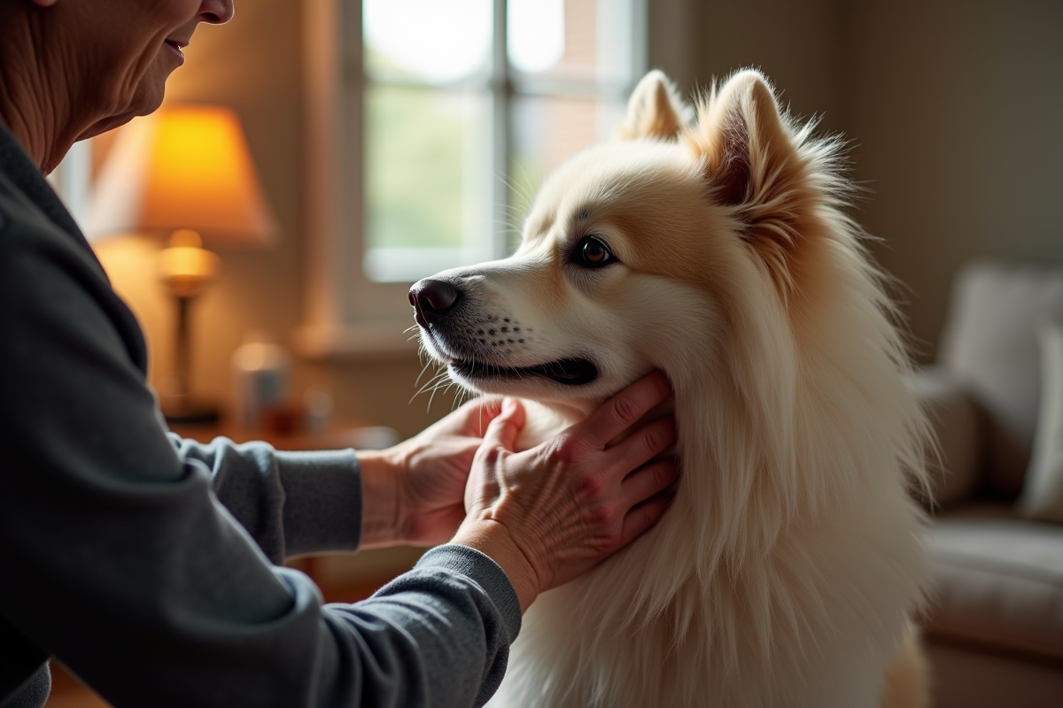 Personne âgée caressant un Keeshond à l intérieur