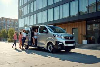 Voiture Peugeot Expert moderne devant un bâtiment urbain