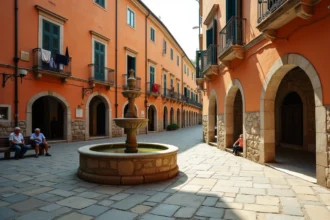 Piazza italienne typique avec fontaine en pierre, façades ocre et pavés anciens dans une ville historique d'Italie
