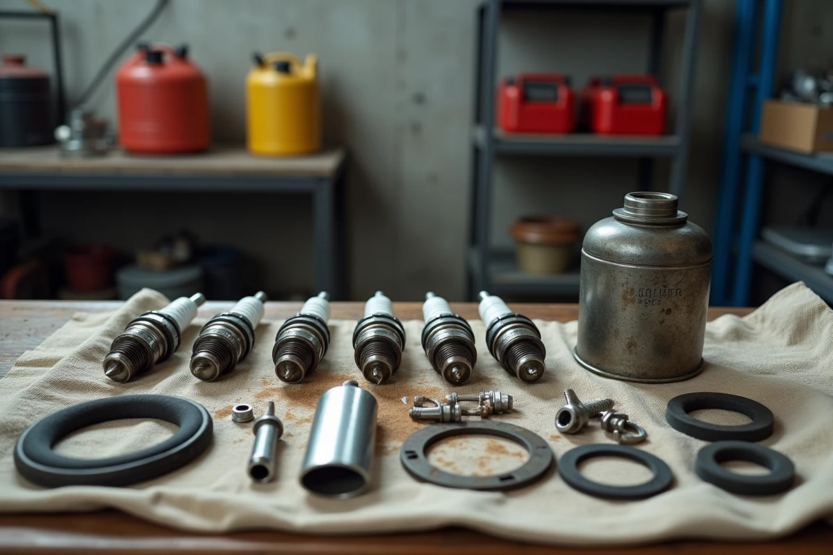 Pièces détachées de moteur nautique sur un établi lors d'une révision en atelier